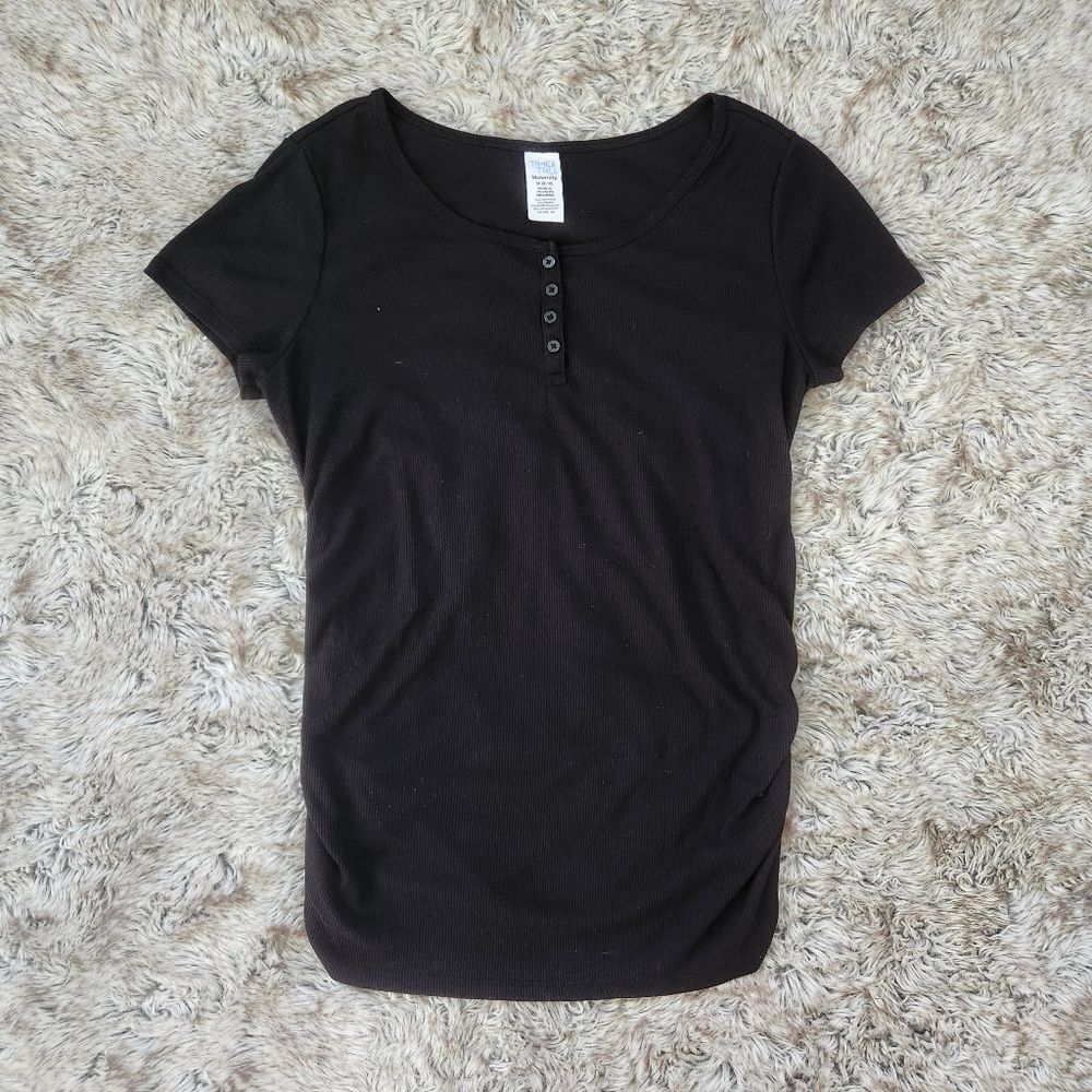 Time and Tru Short Sleeve Ribbed Henley Maternity T-shirt Black Size Medium